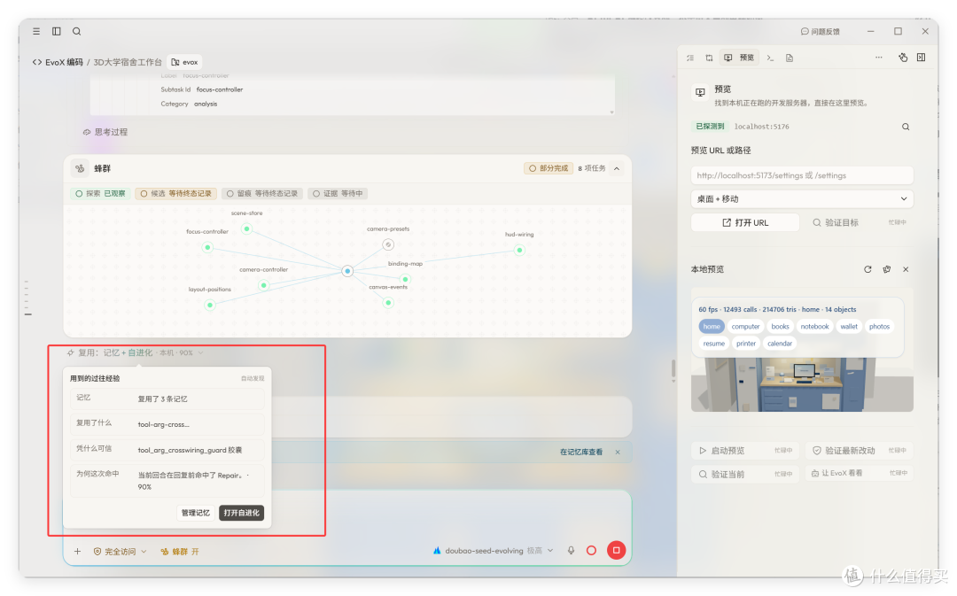 蜂群任务部分完成,红框标出「用过的过往经验」:复用了 3 条记忆、凭什么可信、为何这次命中;右侧为本地预览面板