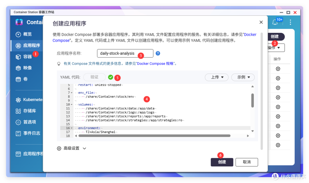 威联通 Container Station「创建应用程序」弹窗:Docker Compose 部署,应用程序名称 daily-stock-analysis,YAML 可见 restart、env_file、volumes、TZ=Asia/Shanghai,底部创建、取消按钮,右侧带 1-6 步标注。