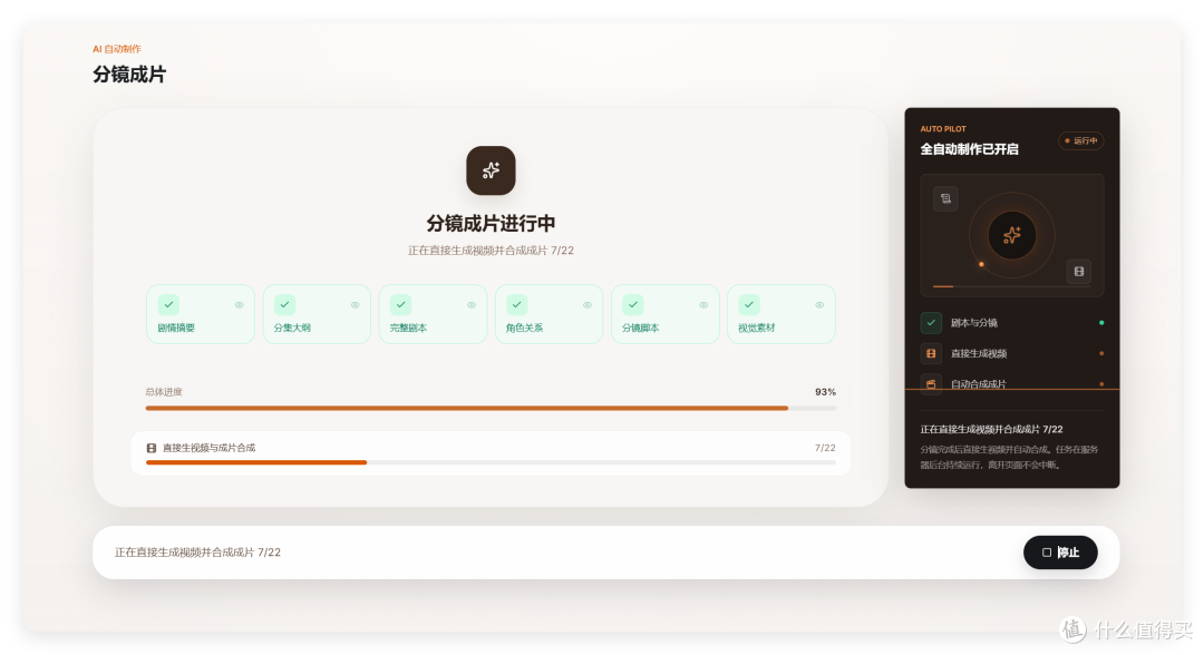 作品生成进度页「分镜成片进行中」:流程推进到分镜成片阶段(89%),后台持续生成