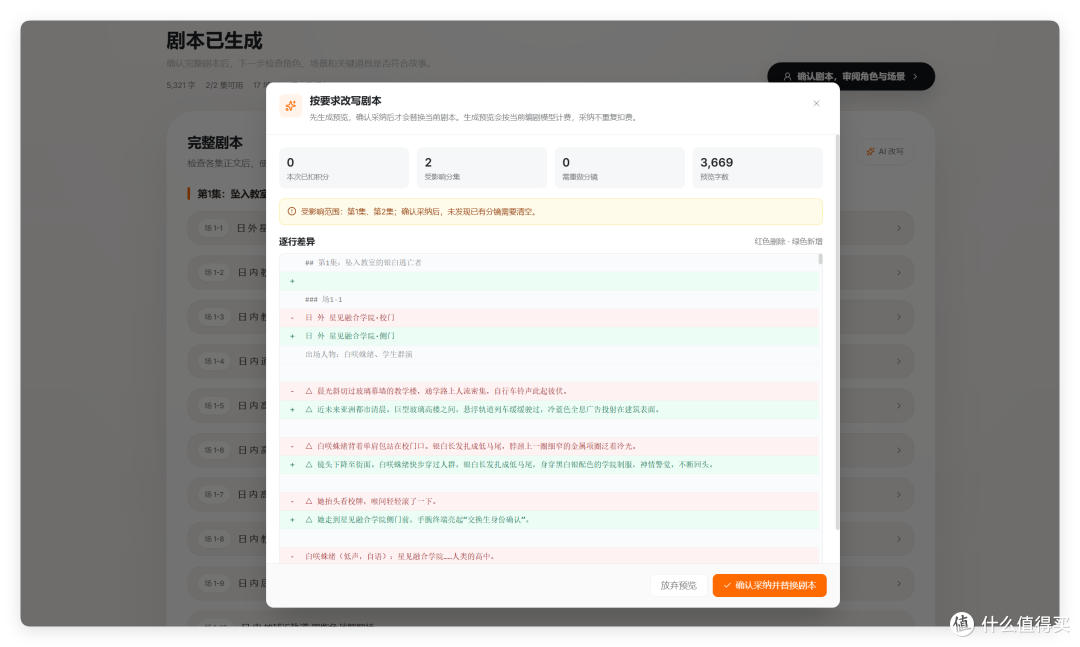剧本改写 DIFF 预览:红色为删除、绿色为新增,逐行对比并统计 0 / 2 / 0 / 3,669 处改动