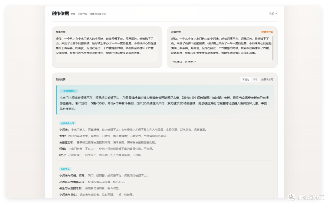 「创作依据」页面:故事主题、创意方案、剧情摘要、角色设定分块展示,供核对 Agent 的改写依据