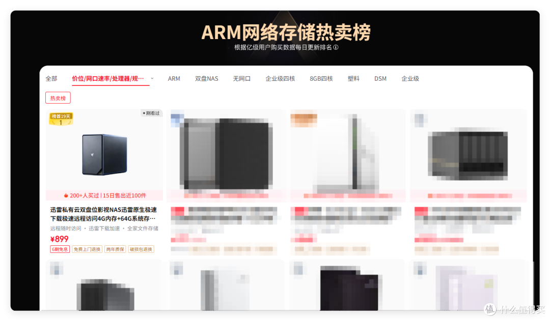 京东「ARM 网络存储热卖榜」截图：迅雷私有云 NE200 标价 899 元，位居榜首