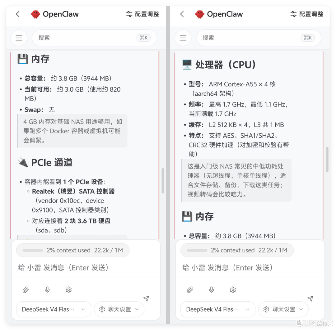 OpenClaw 容器信息：内存约 3.8GB、PCIe 通道（Realtek SATA 控制器）与 ARM Cortex-A55 ×4 处理器